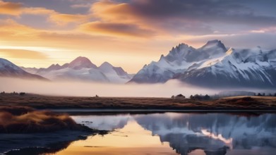 Sunrise over fog covered landscape with high mountain peaks and a tranquil lake in winter, AI