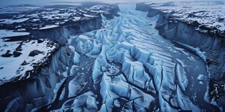 Aerial view of a stunning glacier with blue ice formations, AI generated