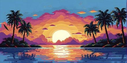 Pixel art illustration of a tropical island paradise with palm trees and sandy beach, AI generated