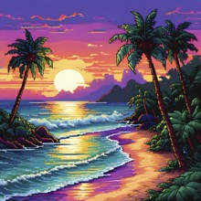 Pixel art illustration of a tropical island paradise with palm trees and sandy beach, AI generated