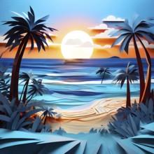 Minimalistic paper art illustration of a tropical beach with blue ocean and palm trees, AI