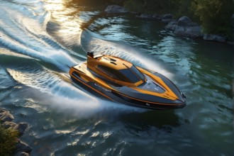 Aerial view on a high speed boat racing along a rivers serpentine, AI generated