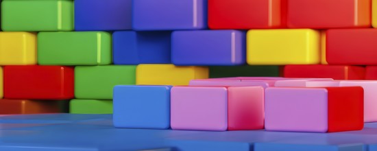 Vibrant toy blocks lined up in front of colorful background, AI generated