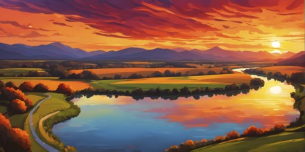 Abstract illustration of a sunset over a rural landscape in vivid and vibrant colors, AI generated