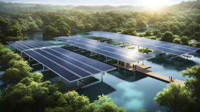 3d rendering of a sustainable engaged waterfront development with floating solar panels, AI