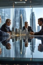 Architecture model of skyscraper with intricate details on a conference table in the office, AI