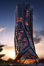 Futuristic skyscraper with termite mounds for natural ventilation and energy efficiency, AI