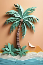 Minimalistic paper art illustration of a tropical beach with blue ocean and palm trees, AI