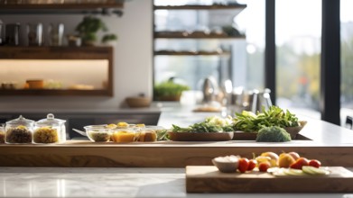 Wooden kitchen with top counter and other modern interior elements, AI generated