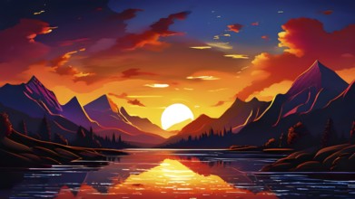 Abstract illustration of a sunset in a mountain landscape with a lake in vivid and vibrant colors,