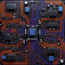 Birds eye view of a circuit board in vivid colored paths and connections, AI generated