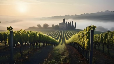 Fog covered vineyard landscape in sunrise, AI generated