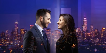 AI generated profile of business professionals with a double exposure of city lights, representing