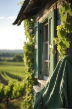 AI generated close up of a rustic vineyard cottage nestled amidst lush summer colored vine leaves