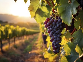 Harvest ready grape bunches with water droplets sparkling in the sunlight, AI generated