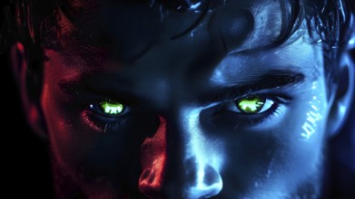 Portrait of a male with yellow eyes in blue neon light, AI generated