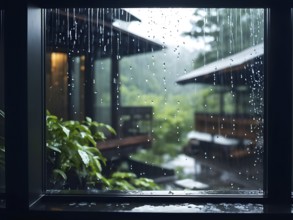 AI generated raindrops tracing paths down a large window with houses in background out of focus