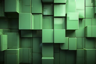 Abstract background composed of overlapping rectangles in various shades of green, AI generated