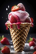 AI generated strawberry gelato perched atop a waffle cone