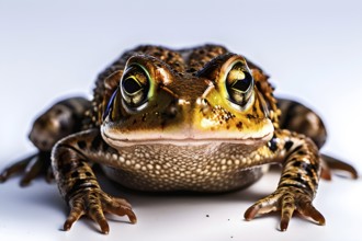 Common toad captured in mid croak throat expanded sitting on the ground, isolated on white