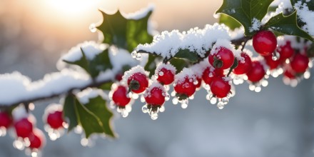 Frosty holly branch with vibrant red berries covered in delicate ice crystals, symbol for upcoming