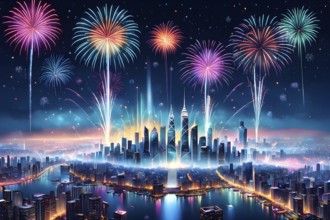 Wallpaper illustration of a cityscape on New Year's Eve, with glowing skyscrapers and floating