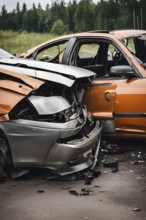 Close-up of damaged car wrecks after a road accident, AI generated