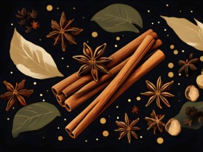 Abstract wallpaper illustration of Christmas spices like cinnamon sticks, star anise, and cloves,