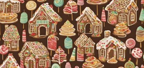 Abstract wallpaper illustration of of gingerbread house decoration, AI generated