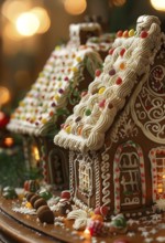 Gingerbread house decorations, focusing on the intricate icing details, colorful candy, and soft,