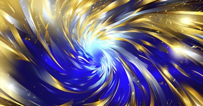 Abstract Illustration of energetic and dynamic swirl of gold, silver, and deep blue hues,