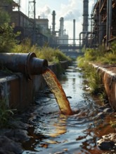 Rusty sewage pipe discharges dirty water into a stream, AI generated