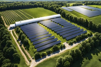 Sustainable agriculture farmyard with solar paneel, AI generated