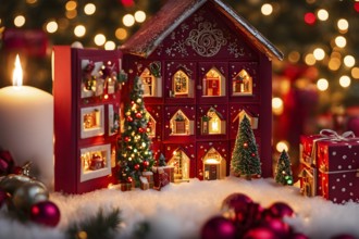 Traditional advent calendar door opening, showing a tiny festive scene inside with miniature