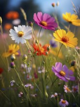 Wildflowers in a meadow, with a soft breeze slightly moving the petals, creating a serene and