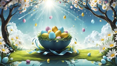 Surreal Easter scene with floating eggs, ribbons, and flowers in a dreamlike, whimsical composition