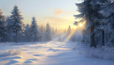 Peaceful snowy forest clearing at dawn with snow softly blanketing the ground and frost-covered