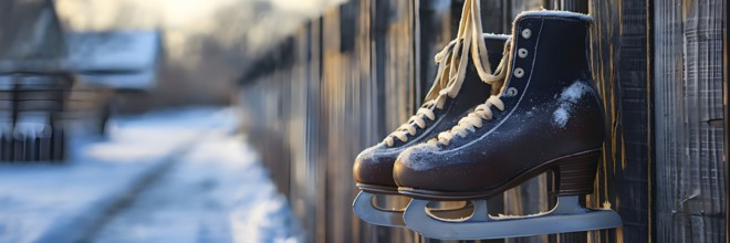 Pair of vintage ice skates hanging by their laces on an old wooden fence with frost and snow gently