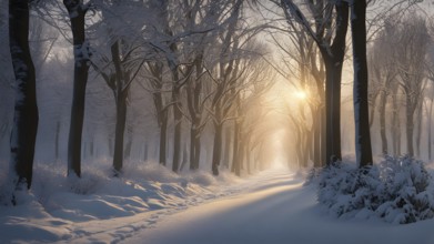 Snow covered tree avenue in warm golden evening light, AI generated