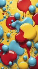 Abstract image with vibrant blue and red blobs and liquid shapes on a yellow background, AI