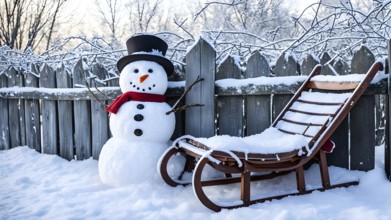 Rustic wooden sleds with frost covered branches and a snowman in the background, AI generated