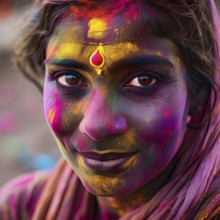 Indian woman colored face portrait during Holi Hindu festival, AI generated