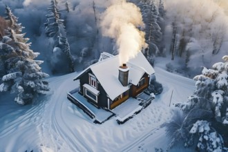 Snow-covered cottage with smoke from the chimney in a cozy and serene winter scene, AI generated