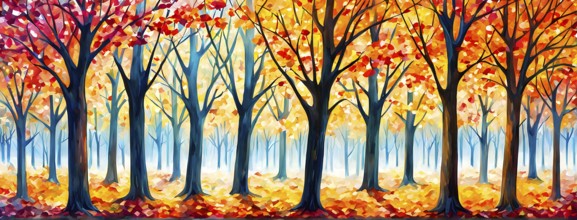 Vibrant depiction wallpaper illustration of trees in transition between autumn and winter, AI