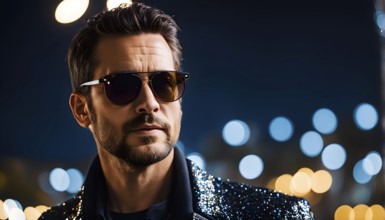 Man with sun glasses standing against sparkling bokeh lights at night, AI generated