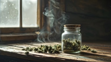 Glass jar filled with dried cannabis buds on a weathered wooden counter, AI generated