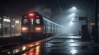 Nighttime train wash in a misty depot with water spray, AI generated