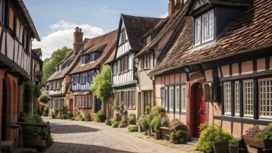 Traditional half timbered house nestled within the heart of a picturesque village in golden hour