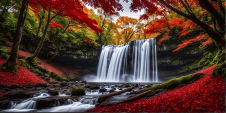 Waterfall in a forest in autumn with vibrant leaves, AI generated