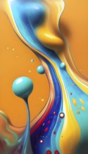 Abstract wallpaper with colorful turquoise and yellow blobs and liquid shapes on a orange